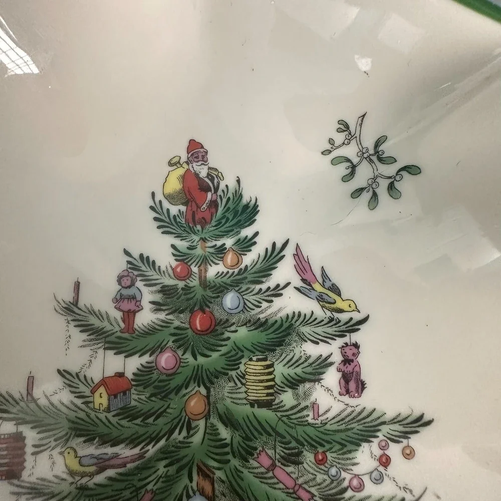 Spode Christmas Tree 9 Inch Tree Shaped Candy Dish S3324-A14 Green Trim Ceramic